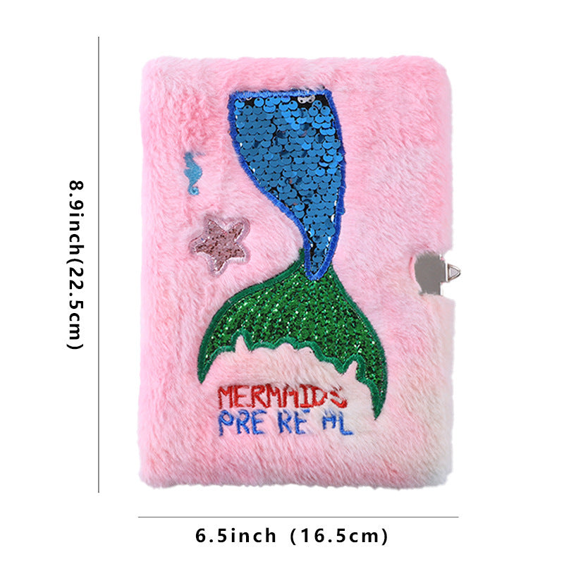 Cartoon Fishtail Pearl Plush Children's Cute Notebook With Lock