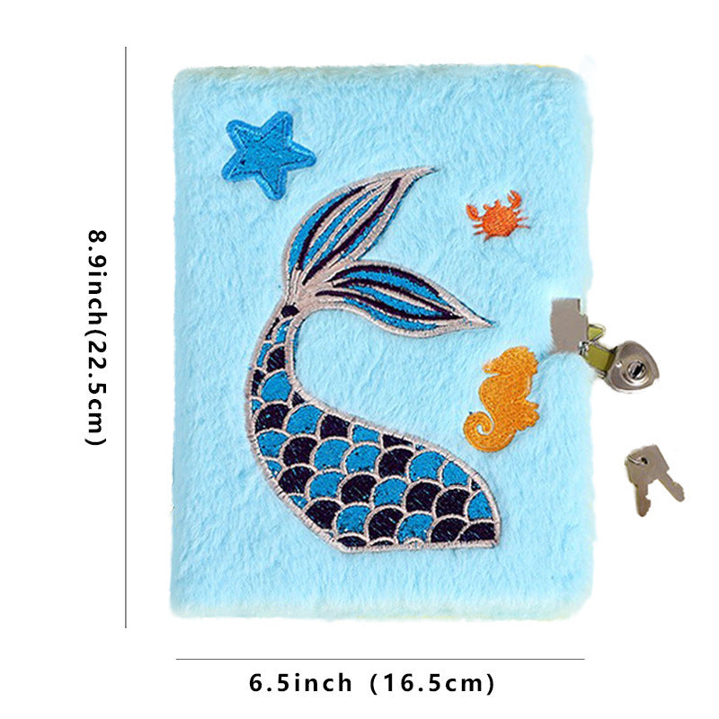 Cartoon Fishtail Pearl Plush Children's Cute Notebook With Lock