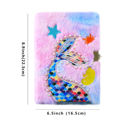 Cartoon Fishtail Pearl Plush Children's Cute Notebook With Lock