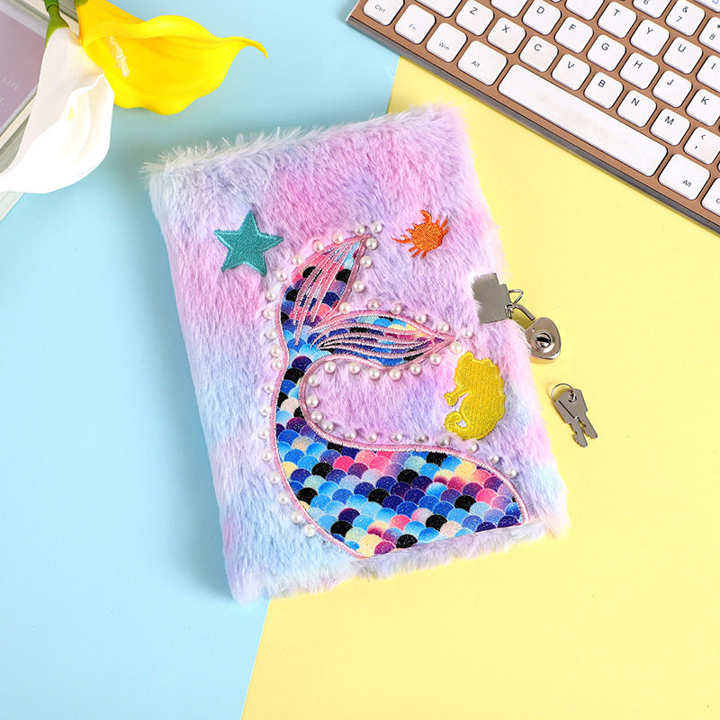 Cartoon Fishtail Pearl Plush Children's Cute Notebook With Lock