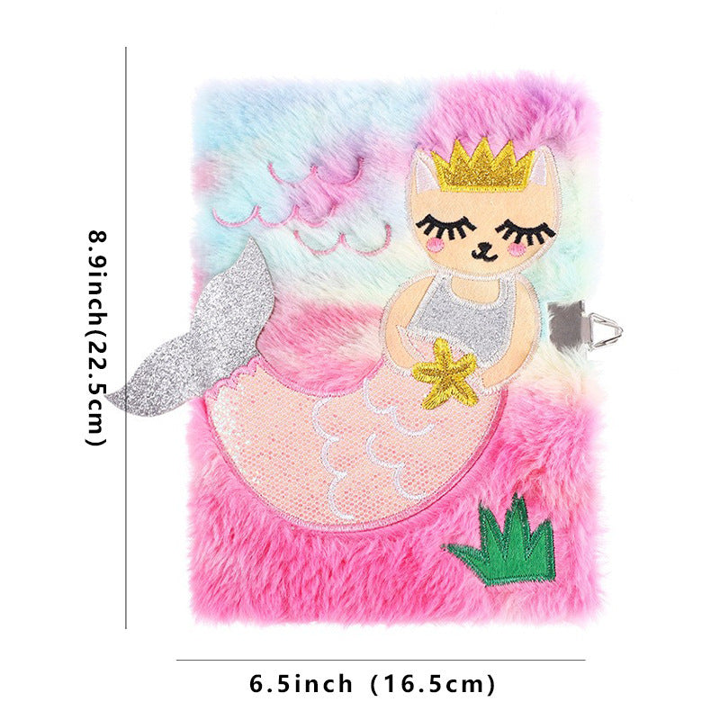 Cartoon Fishtail Pearl Plush Children's Cute Notebook With Lock